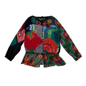 Women’s Desigual Abstract Print Peplum Top Black Red Long Sleeve